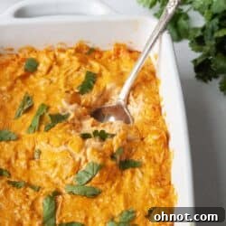 Dairy Free Buffalo Chicken Dip in a white casserole dish.