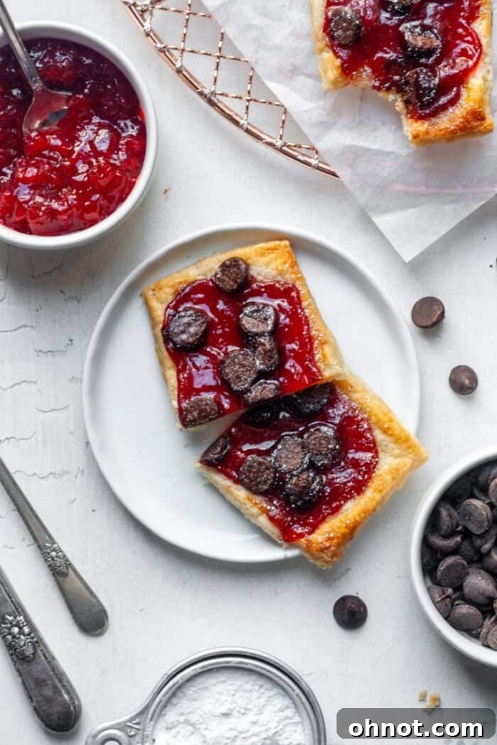 Homemade puff pastry with jam and chocolate