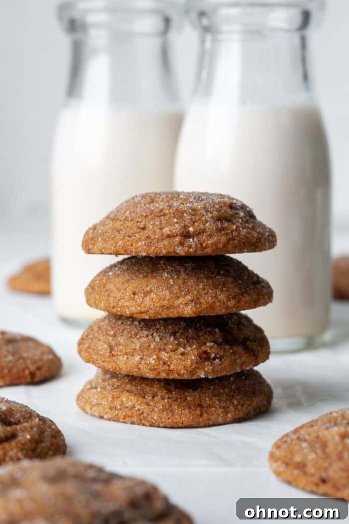 Vegan gluten-free ginger cookies with a glass of plant-based milk.