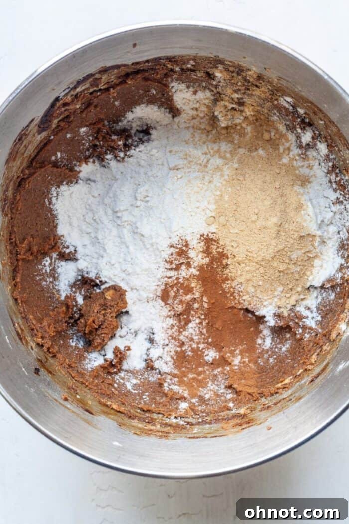 Adding dry ingredients to the wet mixture for vegan ginger cookies.