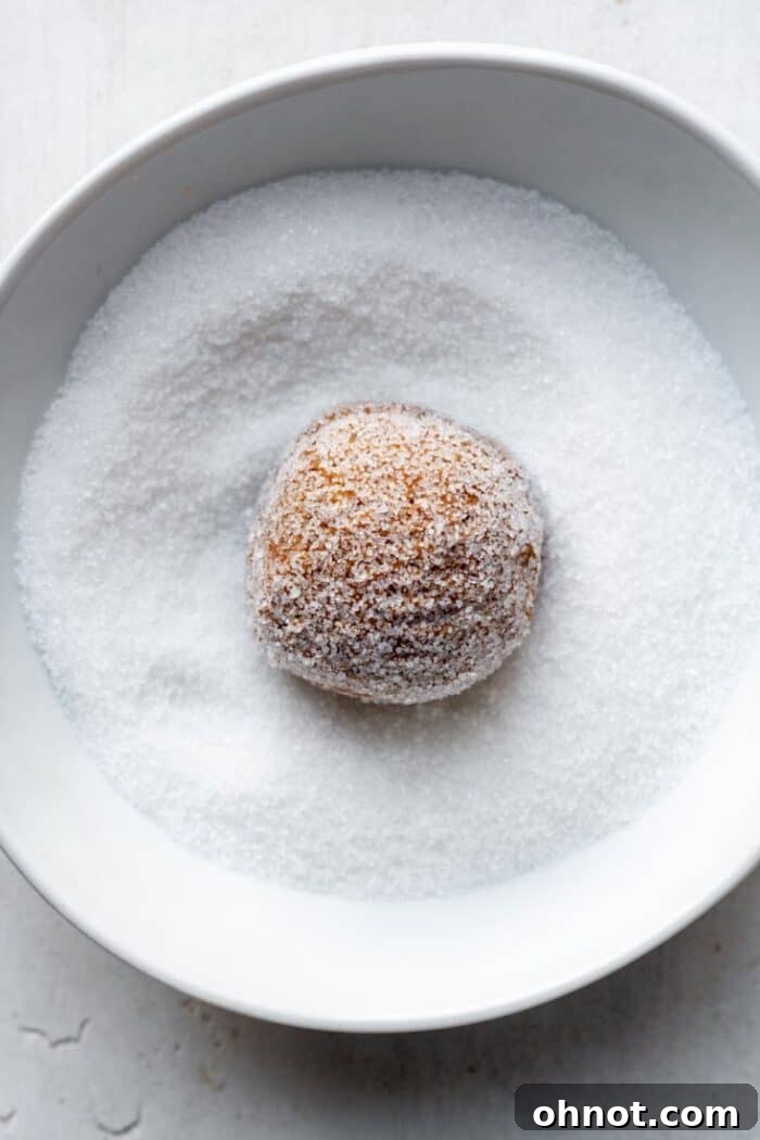 Sugar-coated cookie dough balls ready for baking.