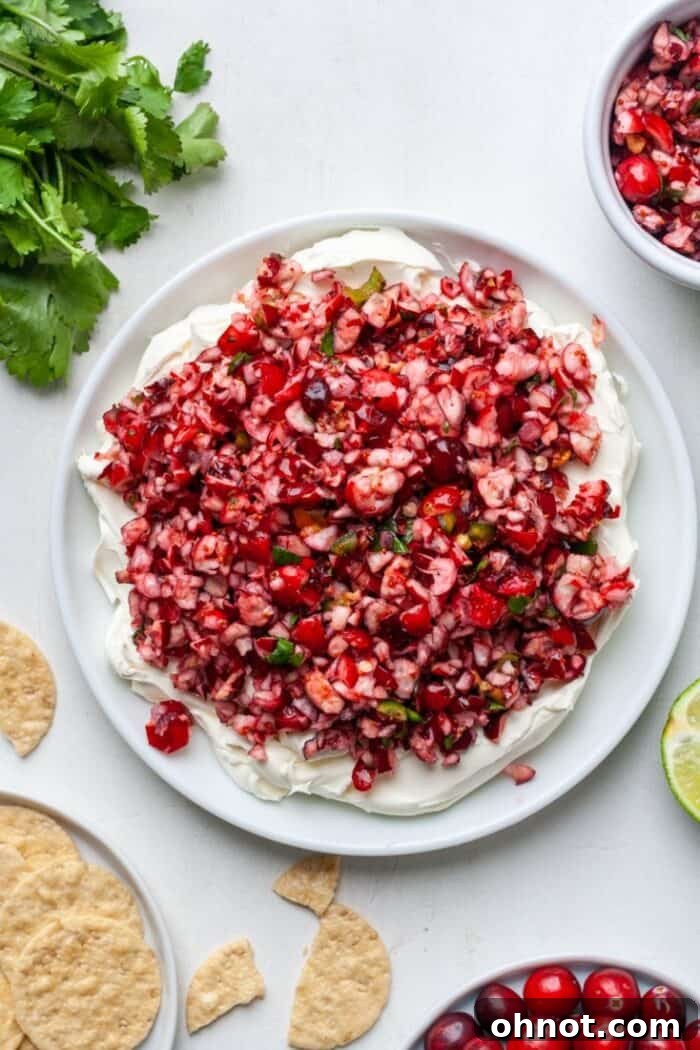 Festive cranberry jalapeño dip served on a white plate with crackers, ready for a holiday gathering