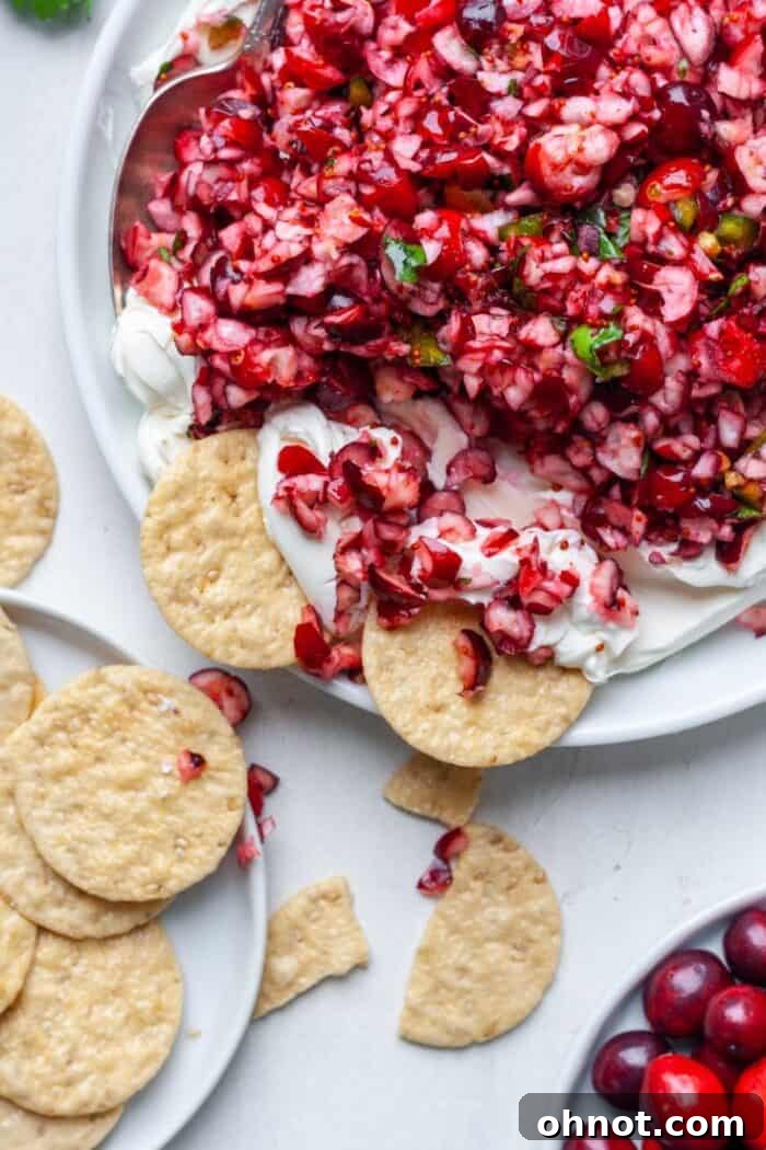 Cream cheese base topped with a vibrant cranberry mixture, garnished with fresh cilantro and served with a variety of crackers