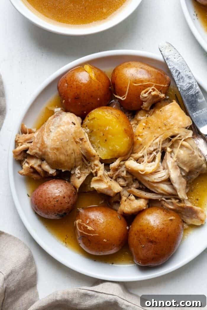 Instant pot chicken and potatoes on white plate