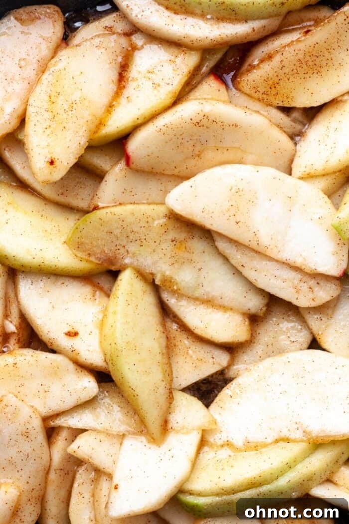 Gooey cinnamon apples, perfectly softened in the skillet