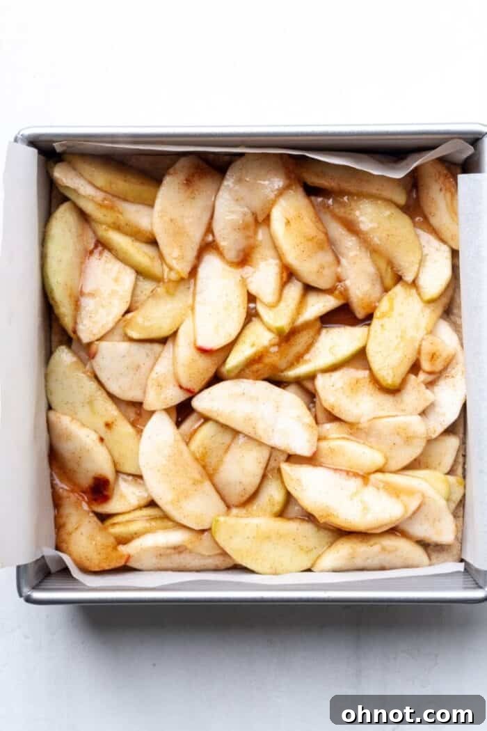 Gluten-free apple bars in pan, with apple filling spread over crust