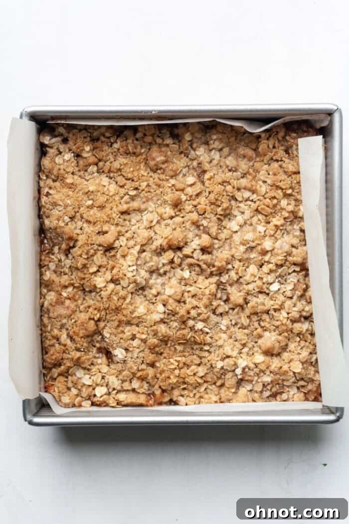Golden apple pie bars in pan, freshly baked