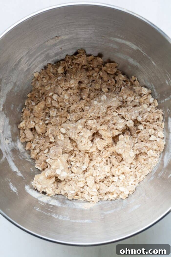 Oatmeal crumble topping in bowl, chilled