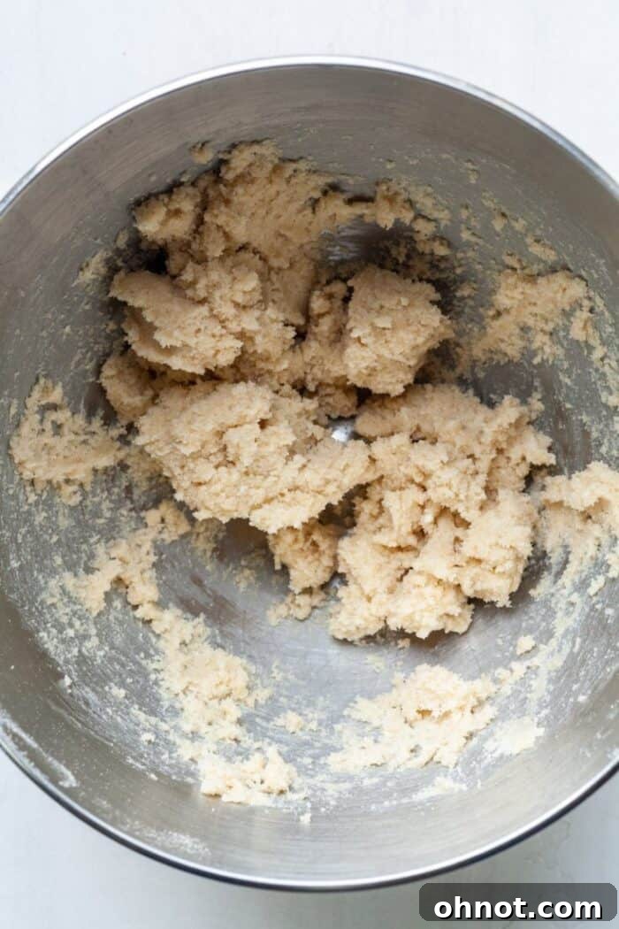Thick, creamy shortbread dough in mixing bowl