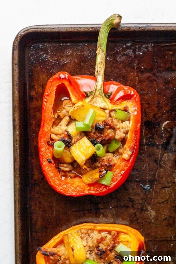 A single red stuffed pepper, garnished with green onions, presented on a white plate.