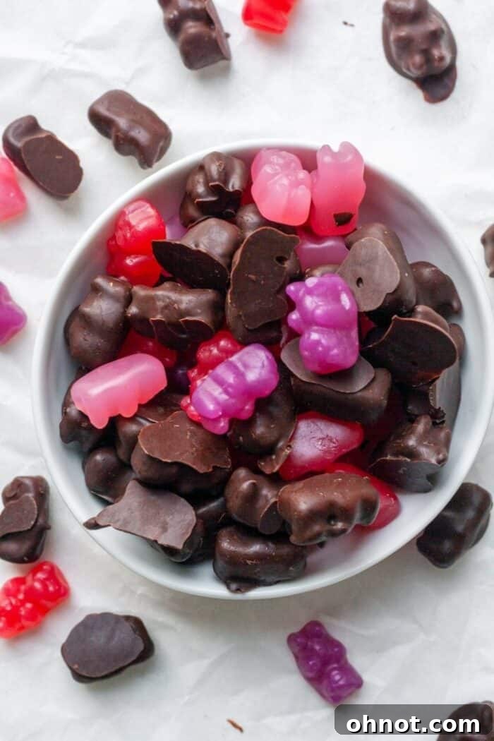 Chocolate covered gummy bears in white bowl