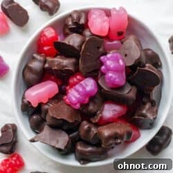 Chocolate covered gummy bears in white bowl