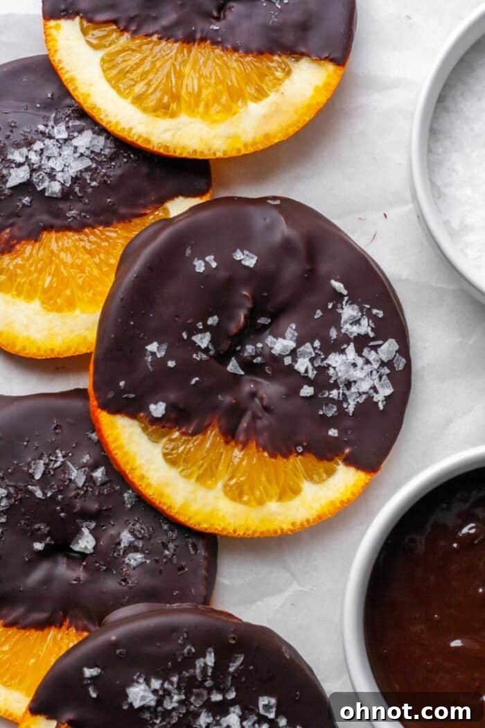 Several slices of orange perfectly coated in dark chocolate.