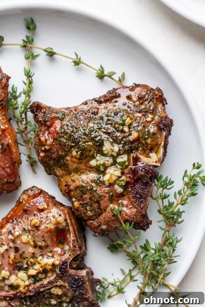 Lamb with thyme on white plate, ready to serve