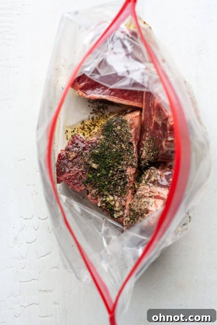 Meat marinade in bag, showing lamb chops coated in herbs and oil