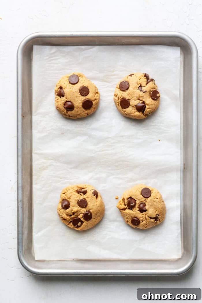 Freshly baked protein chocolate chip cookies, golden brown and perfectly set, cooling on a parchment-lined baking pan.