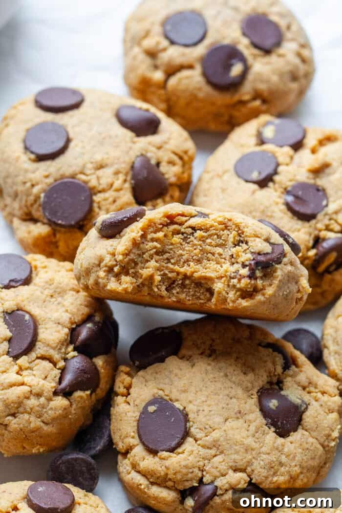 A generously sized pile of protein chocolate chip cookies, showcasing their thick, chewy texture and visible chocolate chips, ready to be enjoyed.