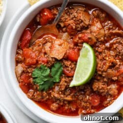 Ninja Foodi chili in white bowl