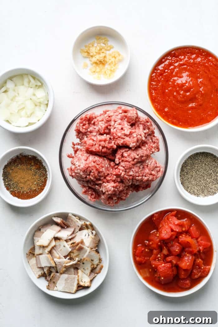 Meat and tomato sauce in bowls