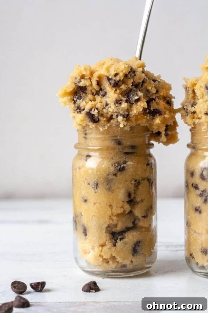 Delicious bowl of healthy edible cookie dough, garnished with extra chocolate chips.