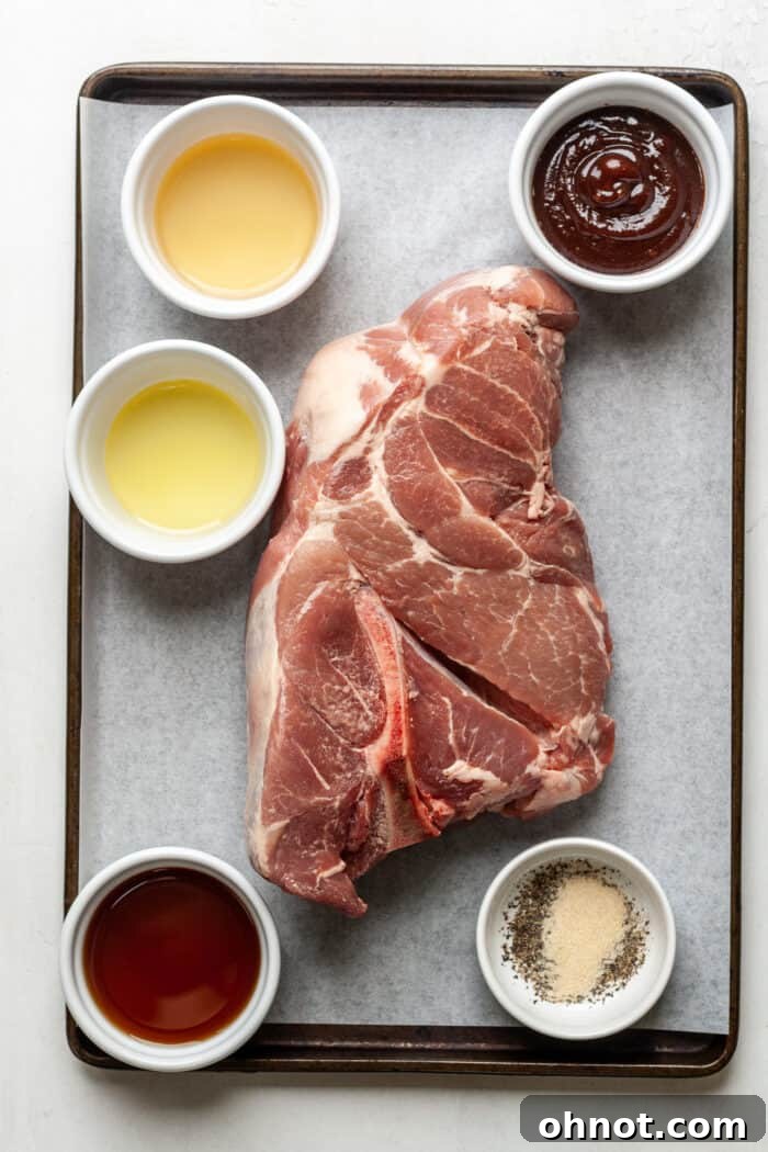 Essential ingredients laid out for Instant Pot Whole30 Pulled Pork recipe