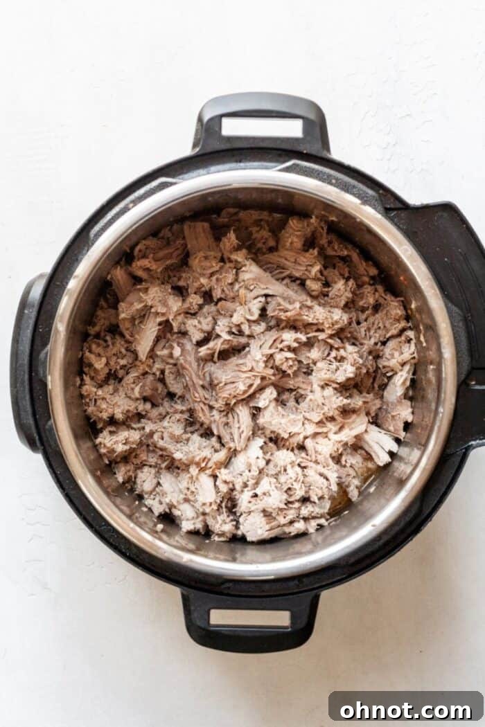Finished Instant Pot pulled pork mixed with BBQ sauce, ready to be served