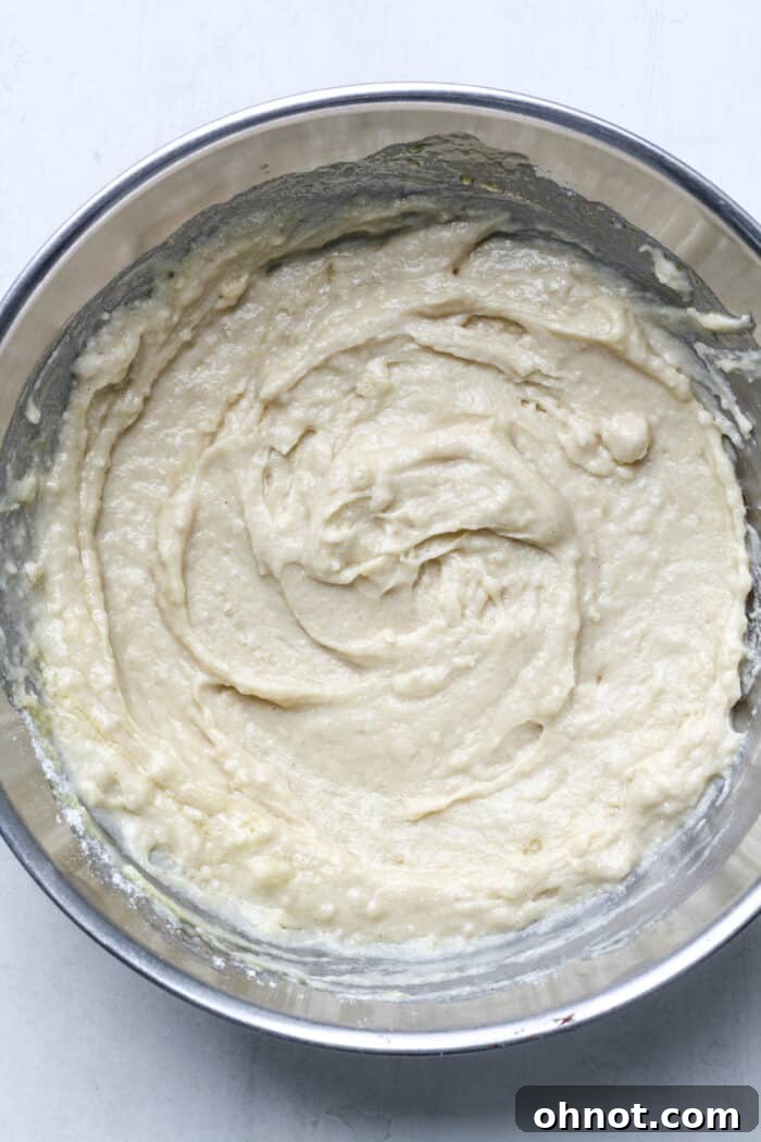 Smooth vegan muffin batter in a bowl, ready for chocolate chips.