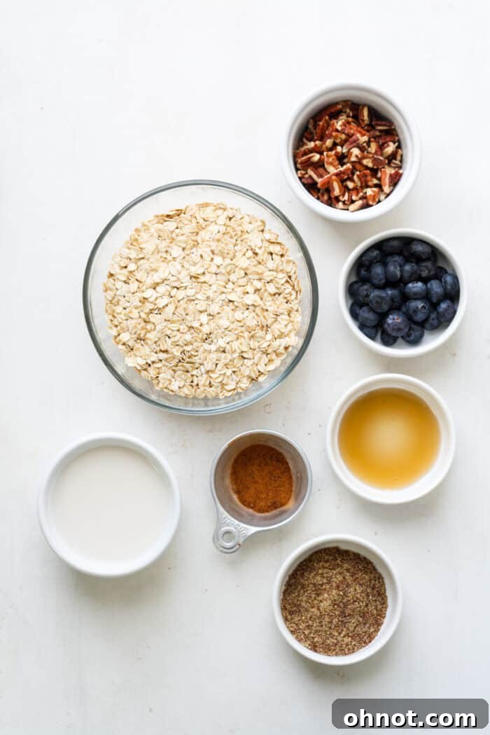 Ingredients in white bowls for oats