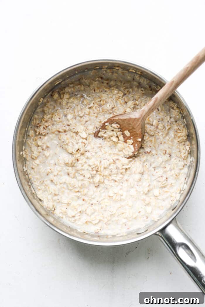 Vegan flaxseed oatmeal in saucepan