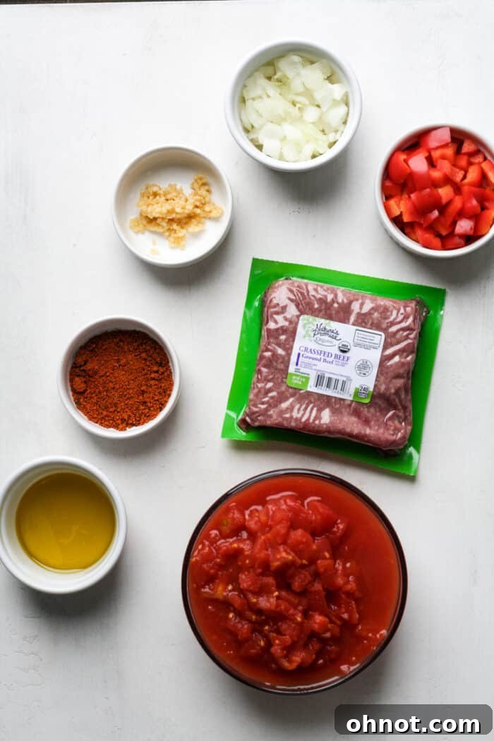 Assortment of fresh ingredients for making chili, including diced onions, bell peppers, ground beef, canned tomatoes, and various spices.