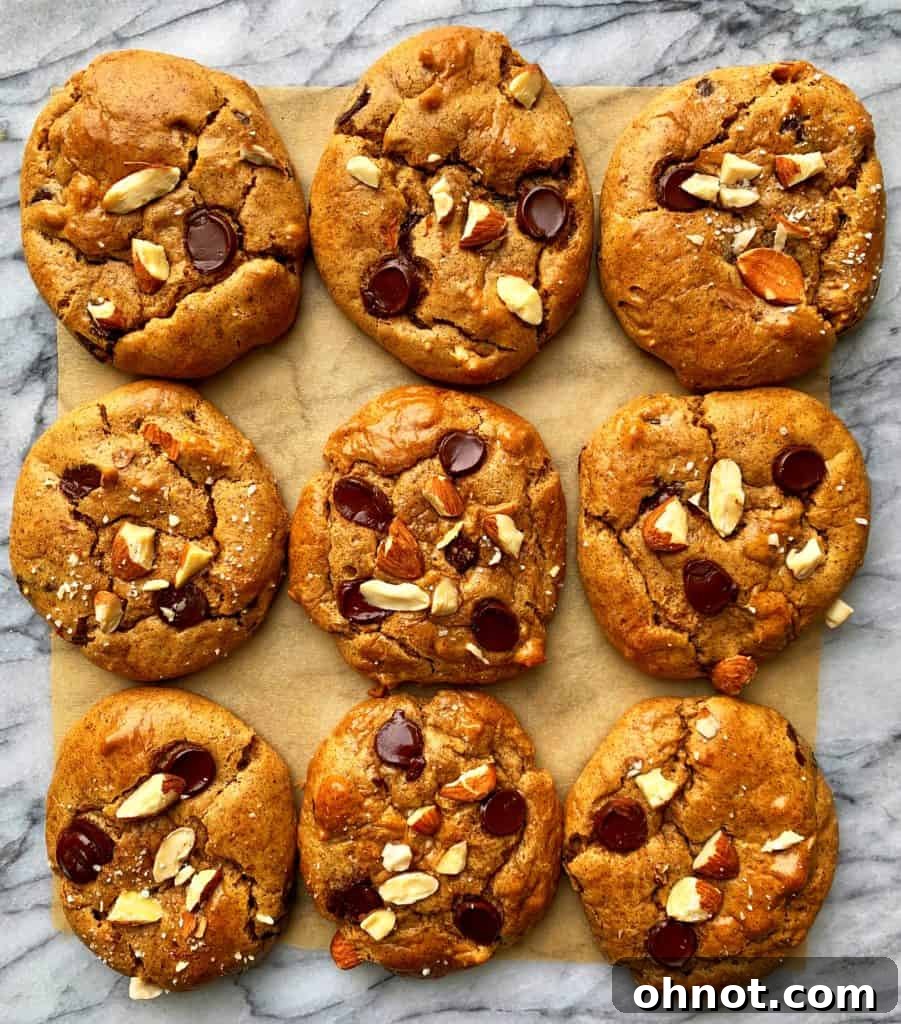 Delicious almond butter chocolate chip cookies on a cooling rack