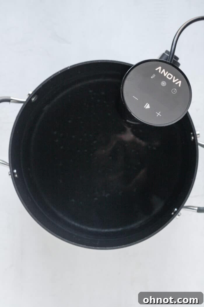 Tall pot with sous vide immersion circulator attached, water preheating