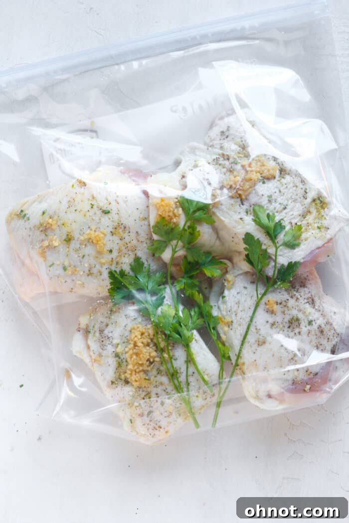 Ziplock bag containing seasoned chicken thighs, minced garlic, and fresh herbs