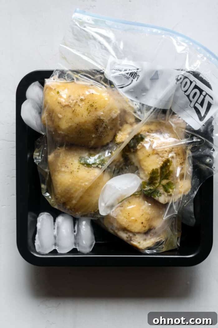 Ziplock bag with sous vide chicken thighs placed in an ice bath