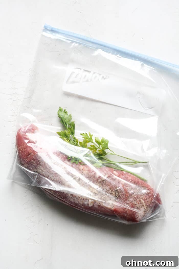 Pork tenderloin and fresh herbs inside a vacuum-sealable bag.