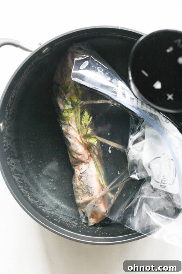 Cooked pork tenderloin still in its bag, removed from the sous vide water bath.