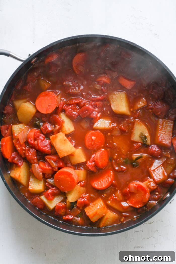 A skillet of steaming hot tomato soup with tender vegetables, simmering gently on the stove.
