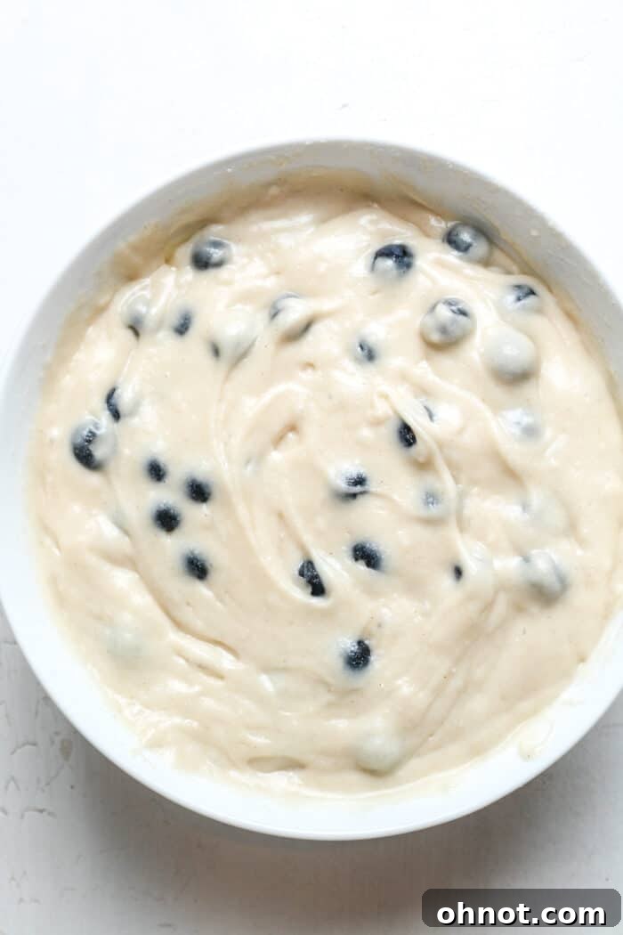 Bowl of blueberry muffin batter with fresh blueberries folded in.