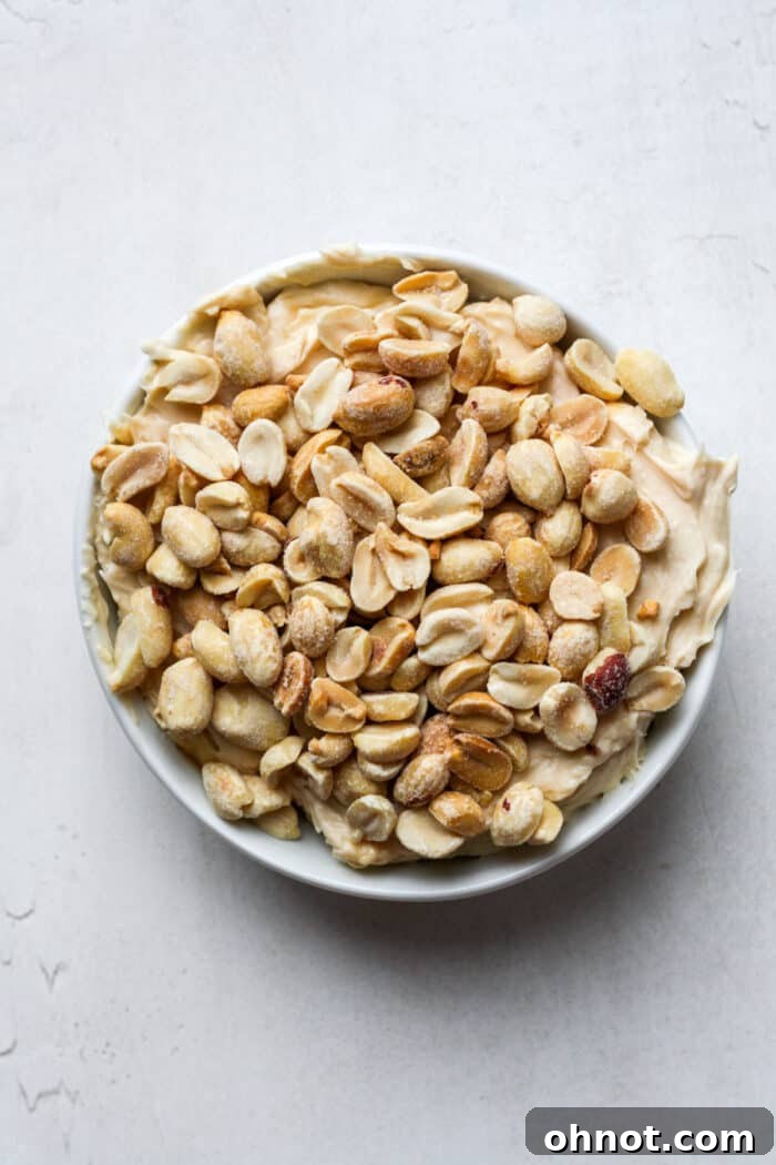 A vibrant topping of golden roasted peanuts scattered over the smooth, creamy cheesecake dip, adding a delectable crunch and nutty flavor.