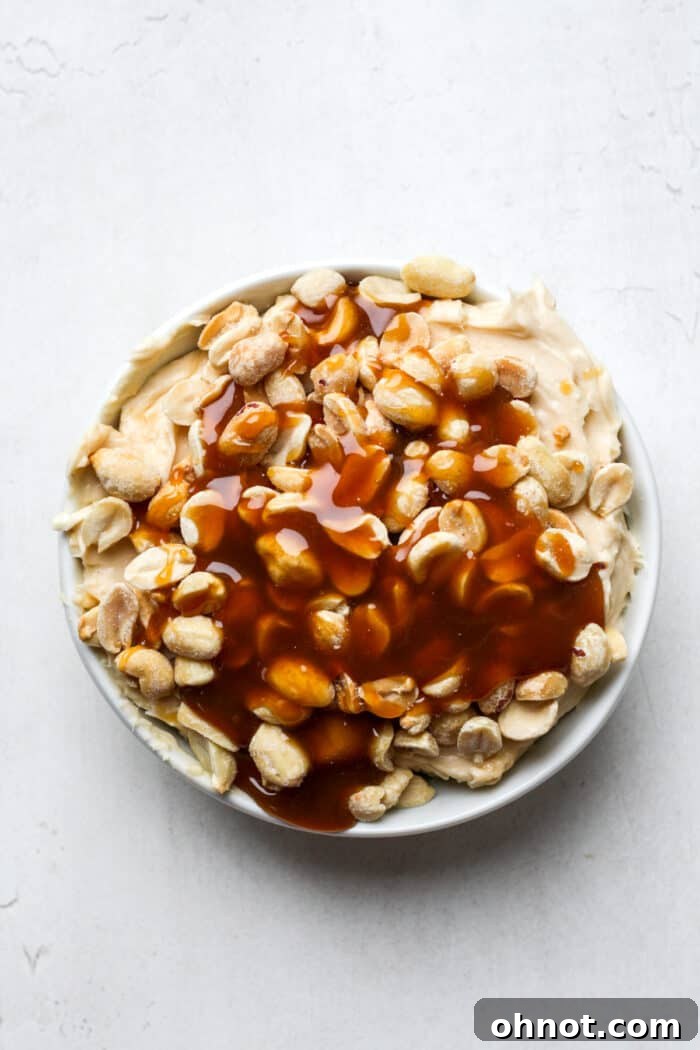 A rich, glossy salted caramel dip beautifully drizzled over the top of the creamy mixture and peanuts, adding an extra layer of sweetness and visual appeal.