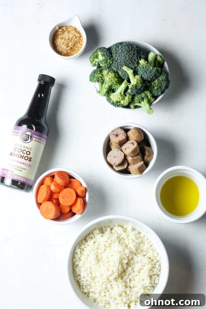 Coconut aminos, garlic, and sliced sausage links as ingredients