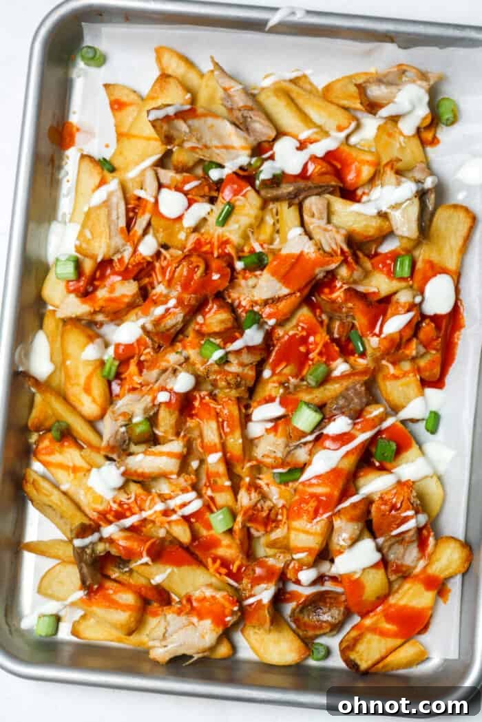Buffalo chicken fries on pan, ready to be served, showcasing the melted cheese and vibrant buffalo sauce.