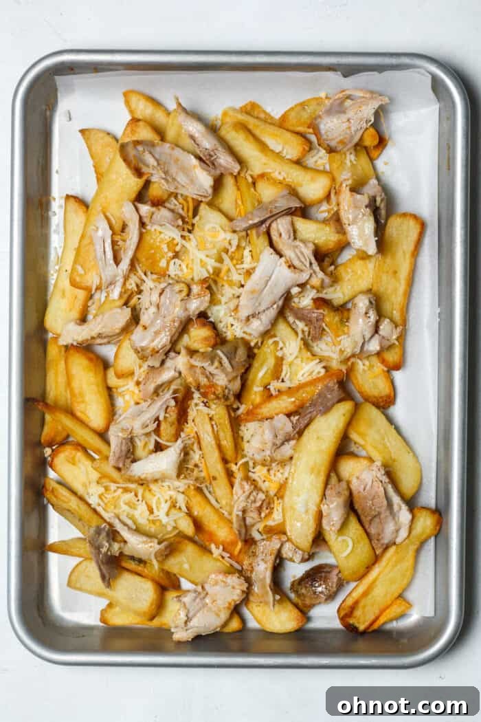 Shredded chicken being added on top of cheese-covered fries.