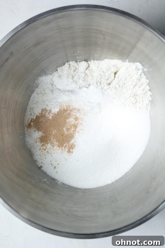 Gluten-free flour and cinnamon in a mixing bowl, ready to be combined.