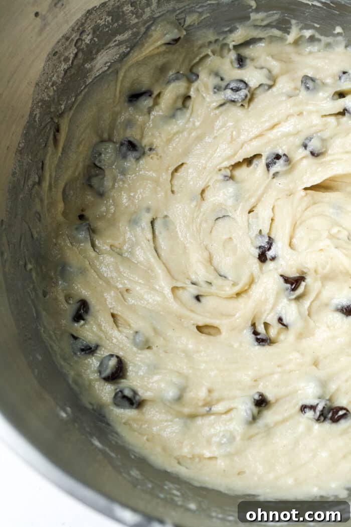 Rich chocolate chip muffin batter, perfectly mixed and ready for baking.