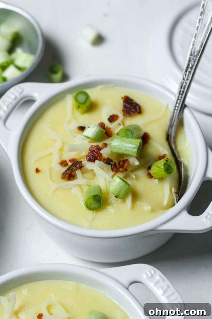 A hearty bowl of creamy potato soup, generously garnished with melted cheese, crispy bacon, and fresh chives.