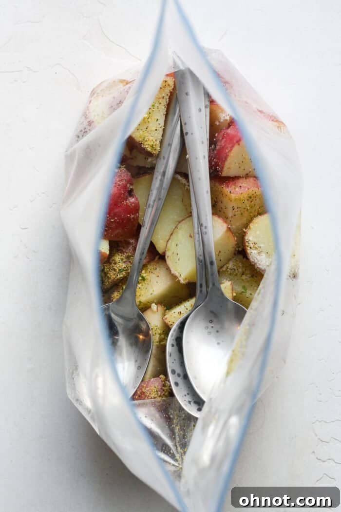 Zippered bag with potatoes and silverware inside for weight