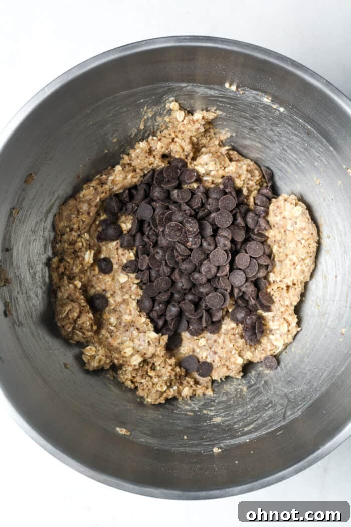 Dark chocolate chips in oatmeal cookie dough