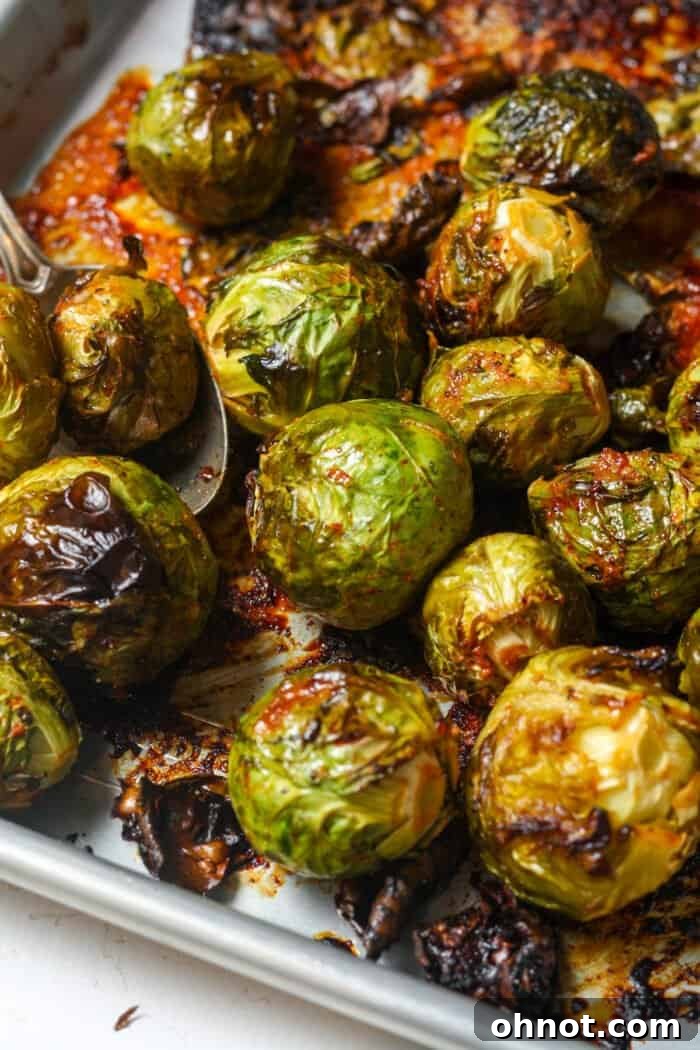 Asian Brussels sprouts on pan, perfectly roasted and seasoned