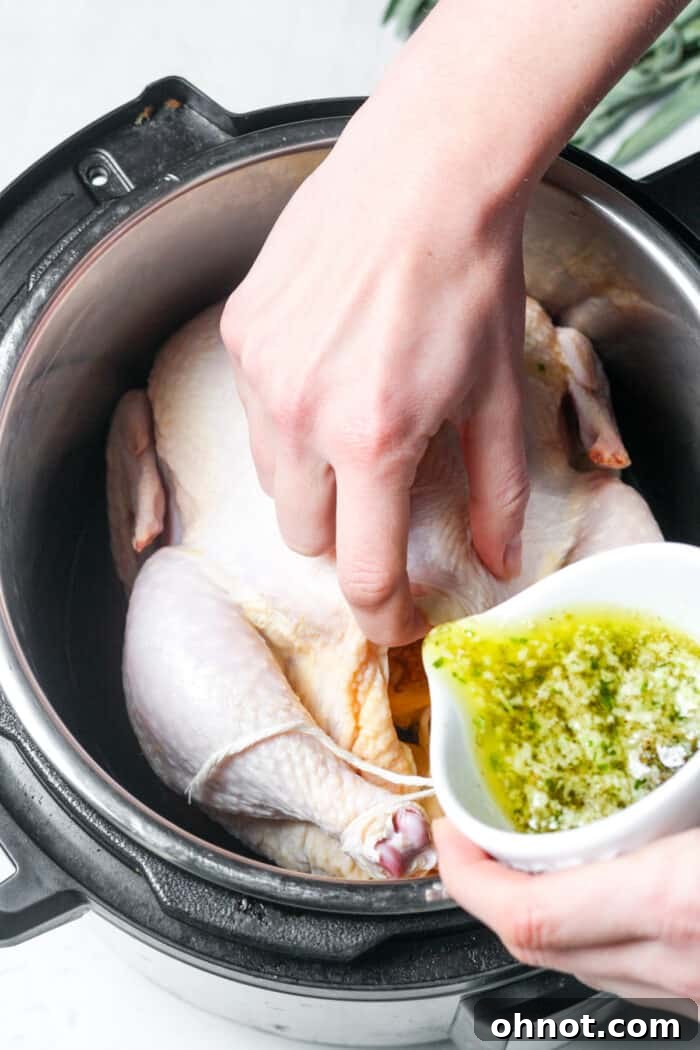 Seasoning and melted butter mixture coating the chicken